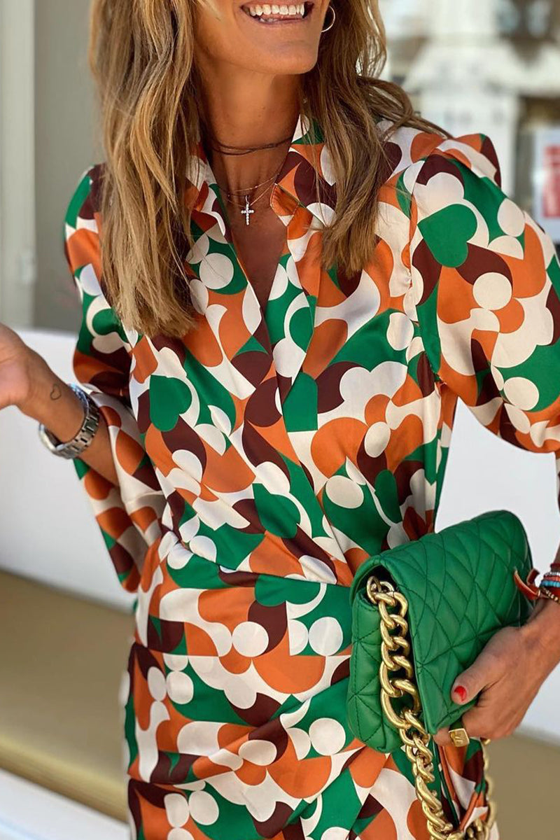 British Style Elegant Geometric Print Frenulum V Neck One Step Skirt Dresses - Fashionpara