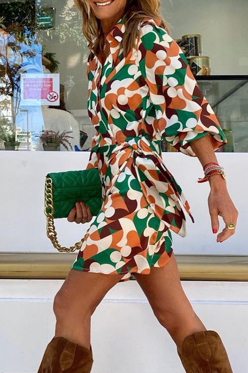 British Style Elegant Geometric Print Frenulum V Neck One Step Skirt Dresses - Fashionpara