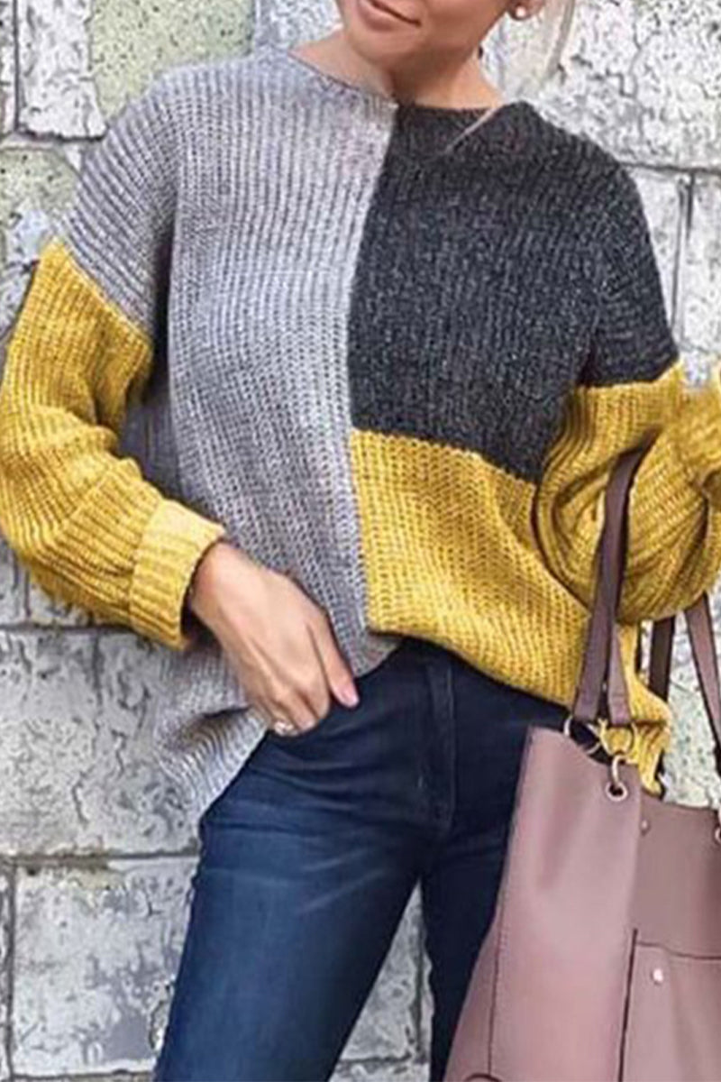 Elegant Geometric Color Block Patchwork O Neck Sweaters - Fashionpara