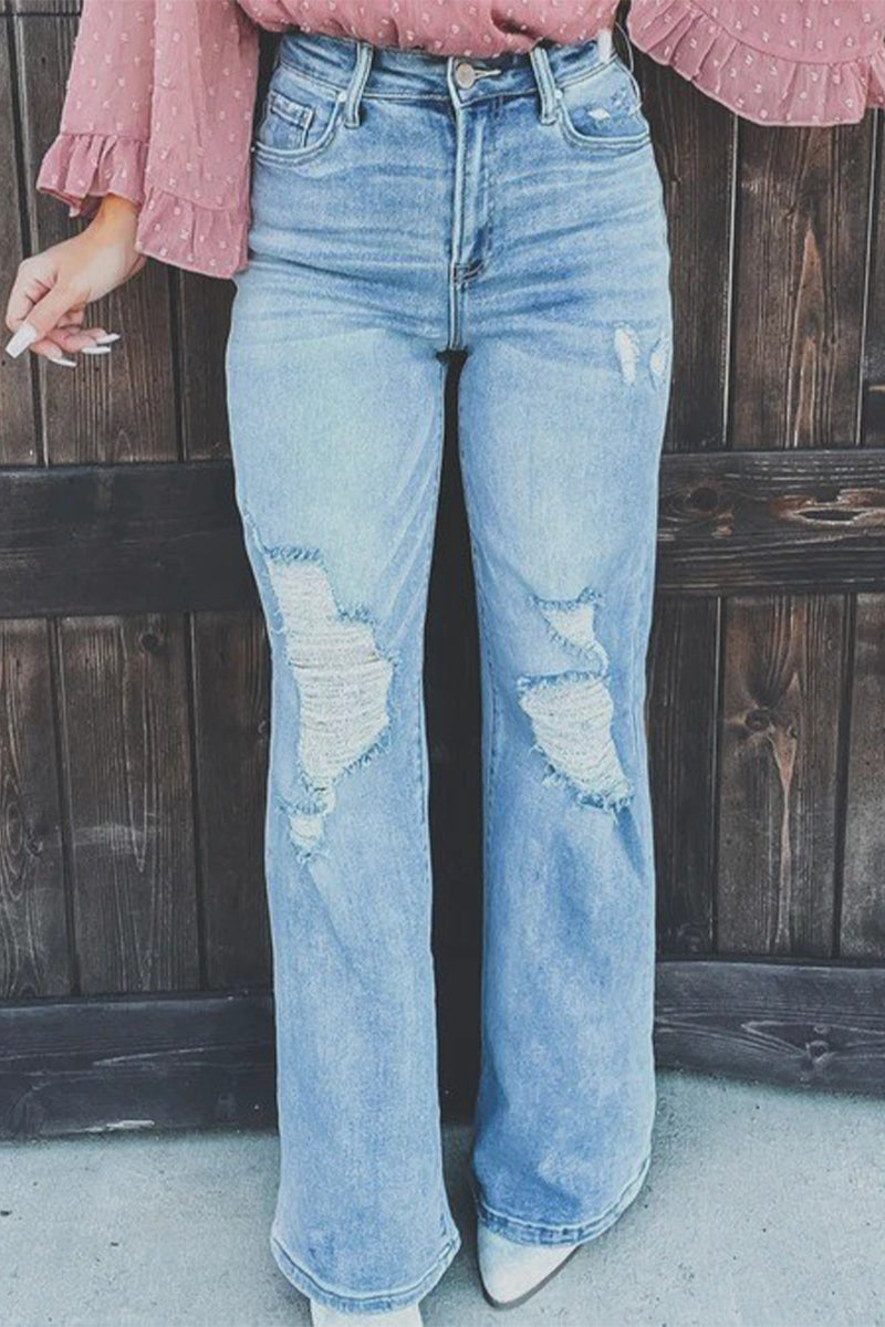 Street Solid Ripped Patchwork High Waist Straight Denim Jeans - Fashionpara