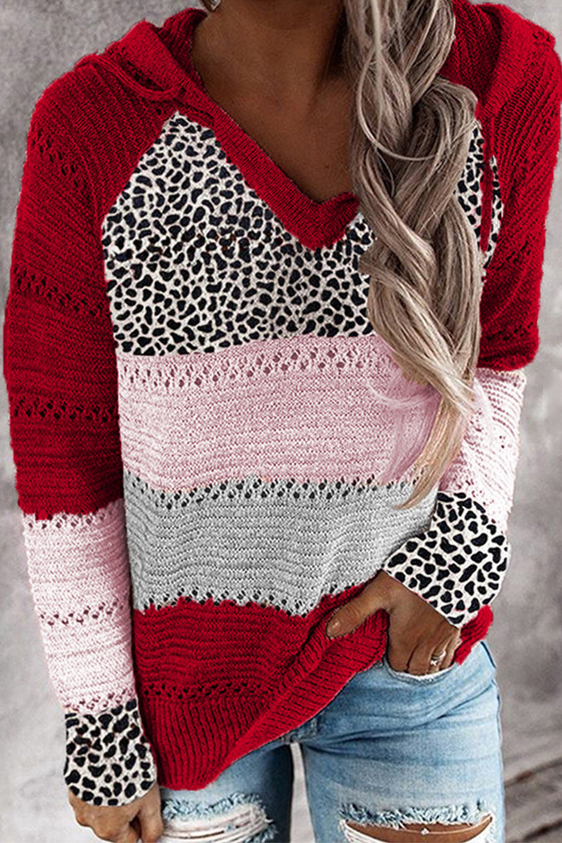 Wisherryy Fashion Hooded Leopard Stitched Knit Sweater(8 Colors) - Fashionpara
