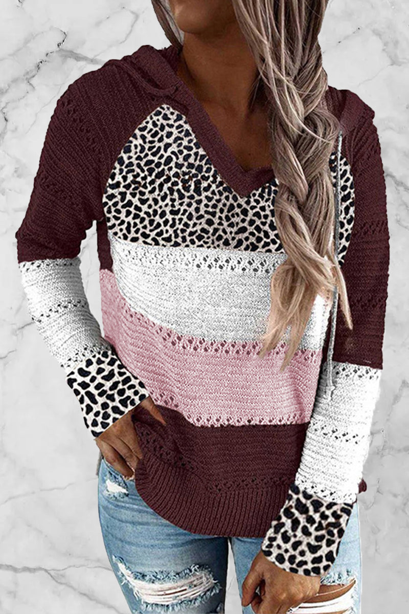 Wisherryy Fashion Hooded Leopard Stitched Knit Sweater(8 Colors) - Fashionpara