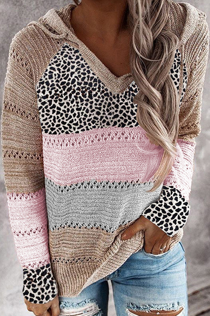 Wisherryy Fashion Hooded Leopard Stitched Knit Sweater(8 Colors) - Fashionpara