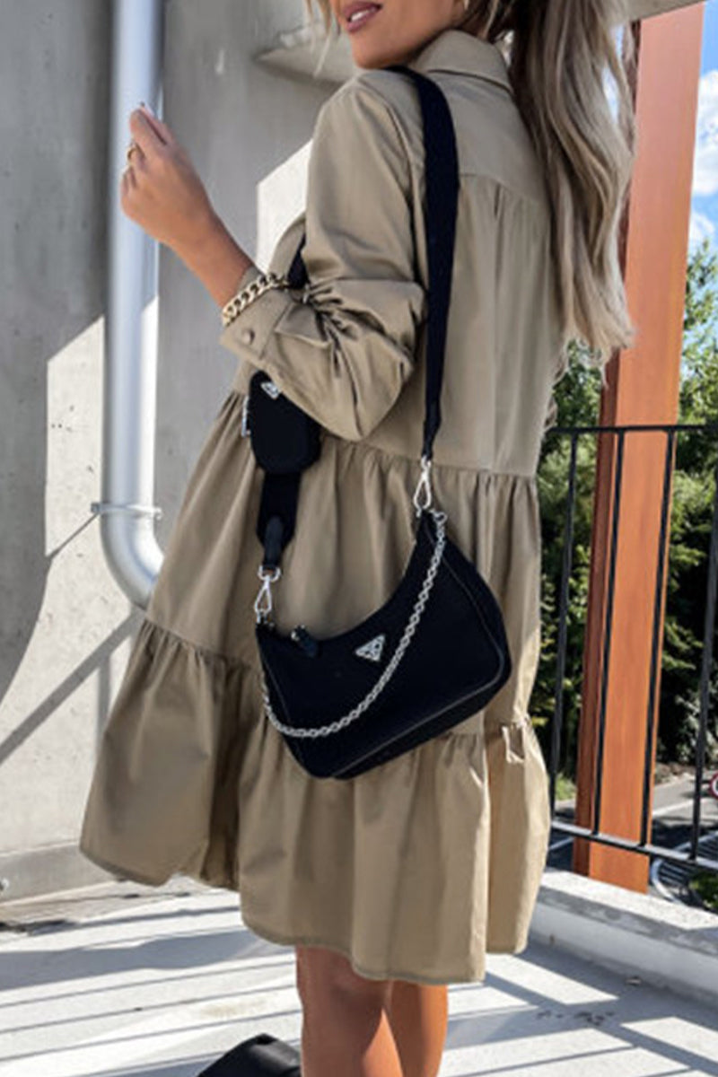 Casual Buckle Turndown Collar Shirt Dress Dresses(4 Colors) - Fashionpara