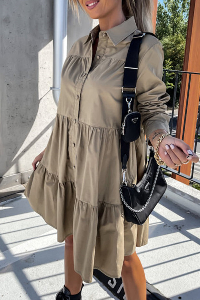 Casual Buckle Turndown Collar Shirt Dress Dresses(4 Colors) - Fashionpara