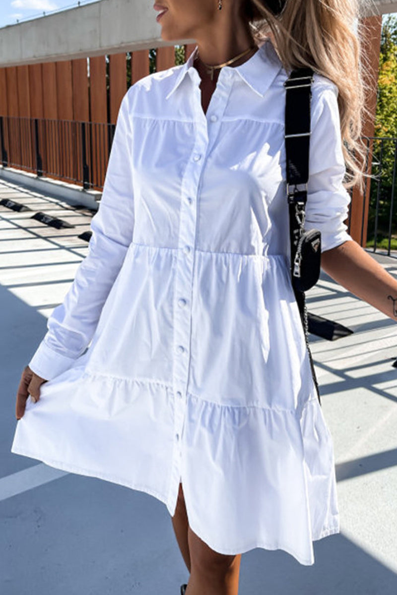 Casual Buckle Turndown Collar Shirt Dress Dresses(4 Colors) - Fashionpara