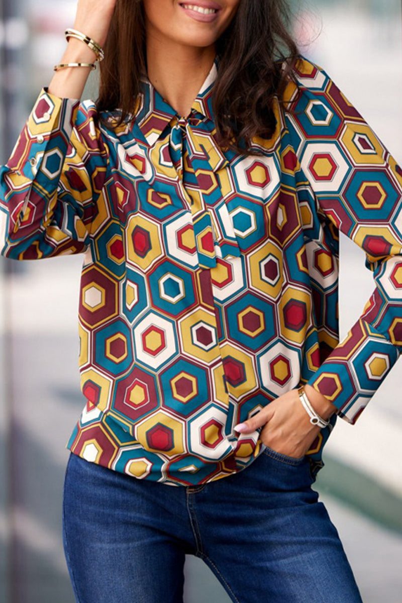 Elegant Print Patchwork Shirt Collar Tops - Fashionpara