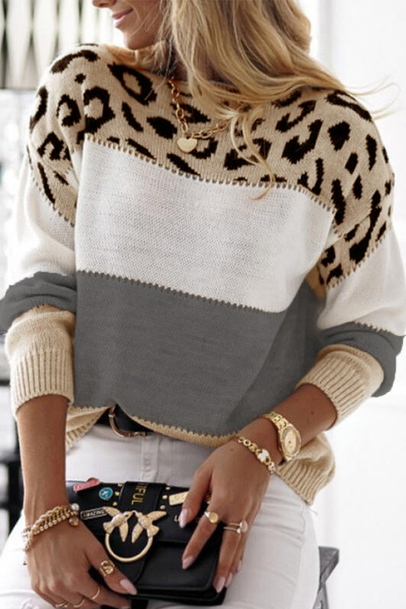 Casual Leopard Color Block Contrast O Neck Sweaters(5 Colors) - Fashionpara