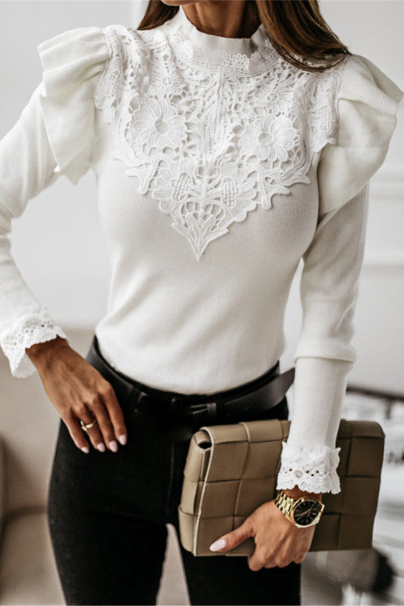 Elegant Solid Lace Half A Turtleneck Tops - Fashionpara