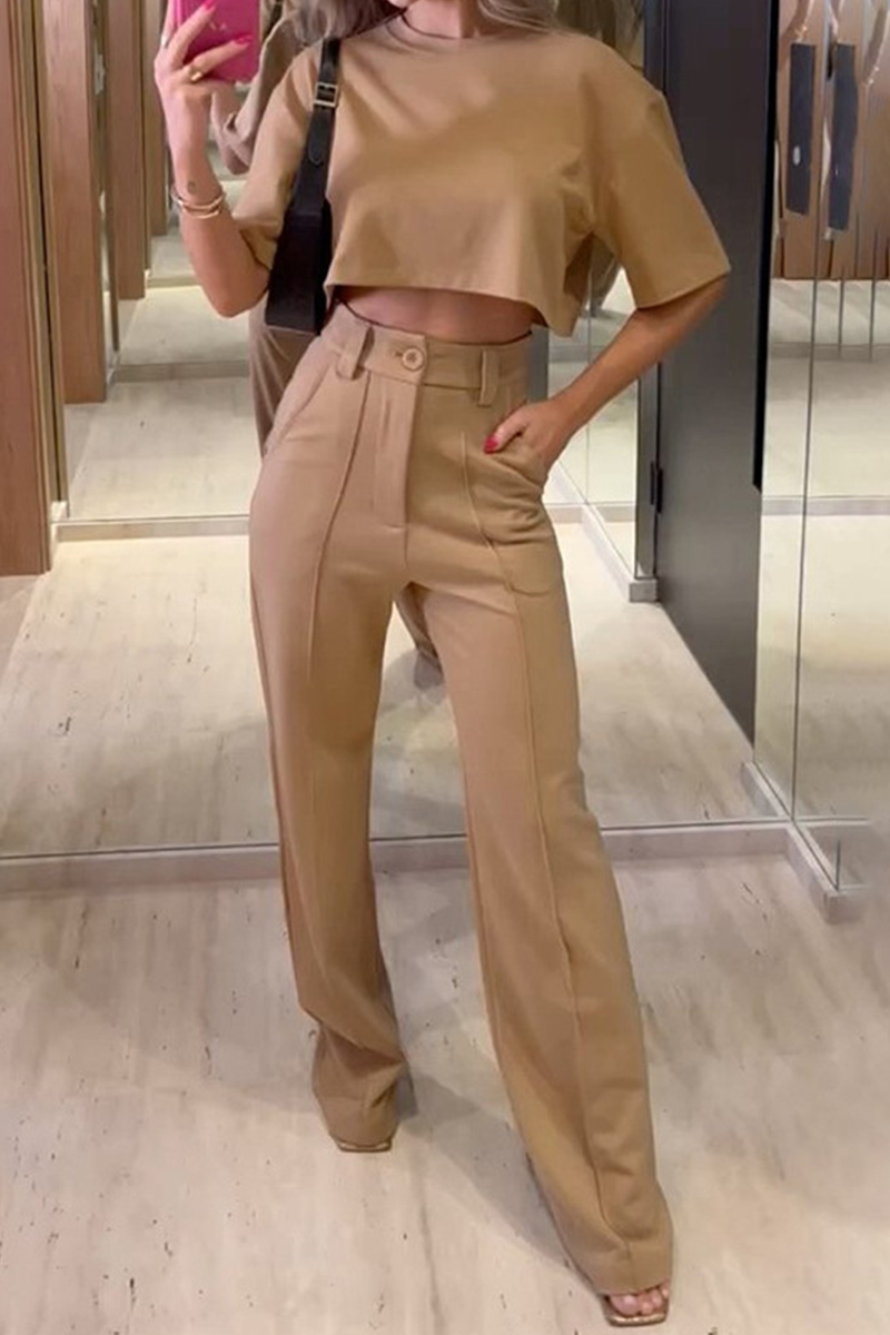 Casual Solid Patchwork O Neck Short Sleeve Two Pieces - Fashionpara