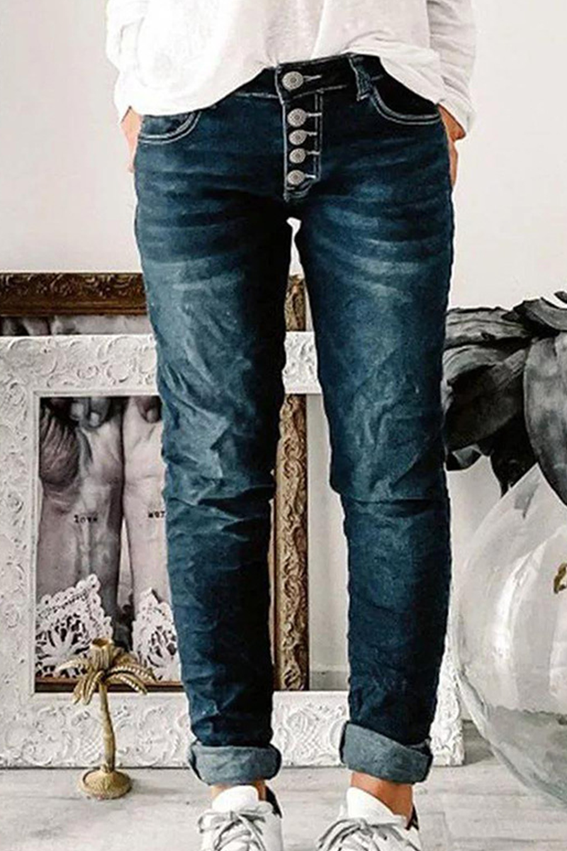 Street Solid Patchwork Mid Waist Regular Denim Jeans - Fashionpara