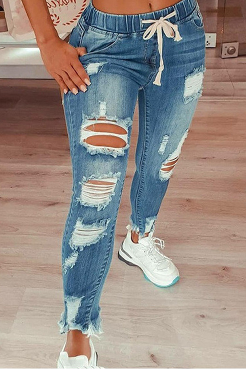 Street Solid Ripped Draw String Skinny Denim Jeans(4 Colors) - Fashionpara