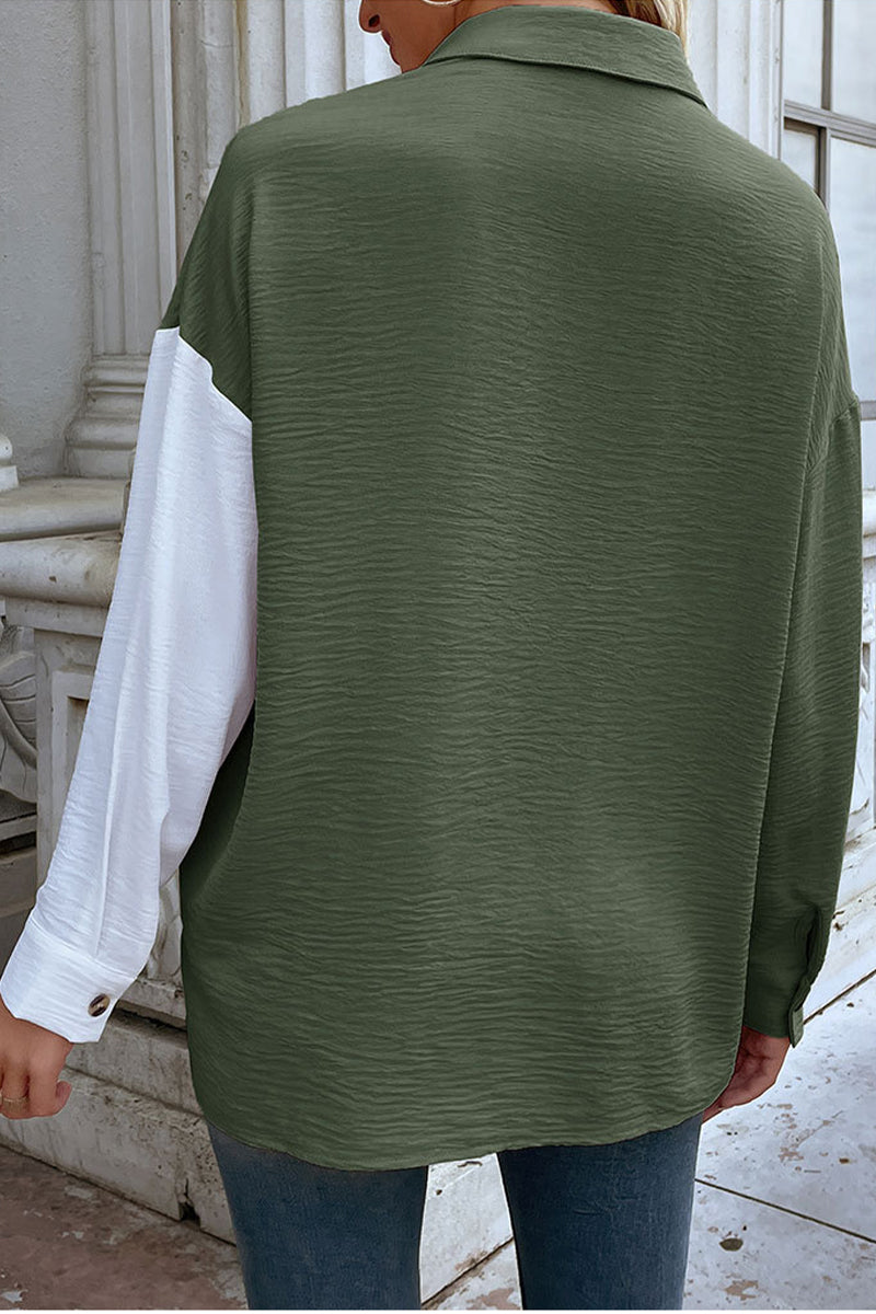 Elegant Color Block Patchwork Turndown Collar Blouses(4 Colors)