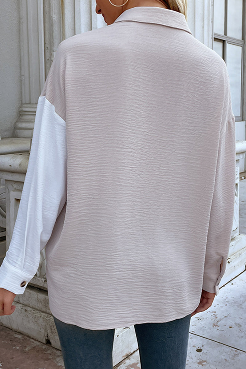 Elegant Color Block Patchwork Turndown Collar Blouses(4 Colors)