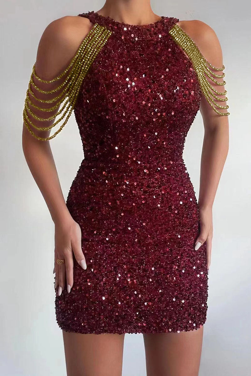 Sexy Elegant Solid Sequins Patchwork Chains O Neck Pencil Skirt Dresses(3 Colors) - Fashionpara