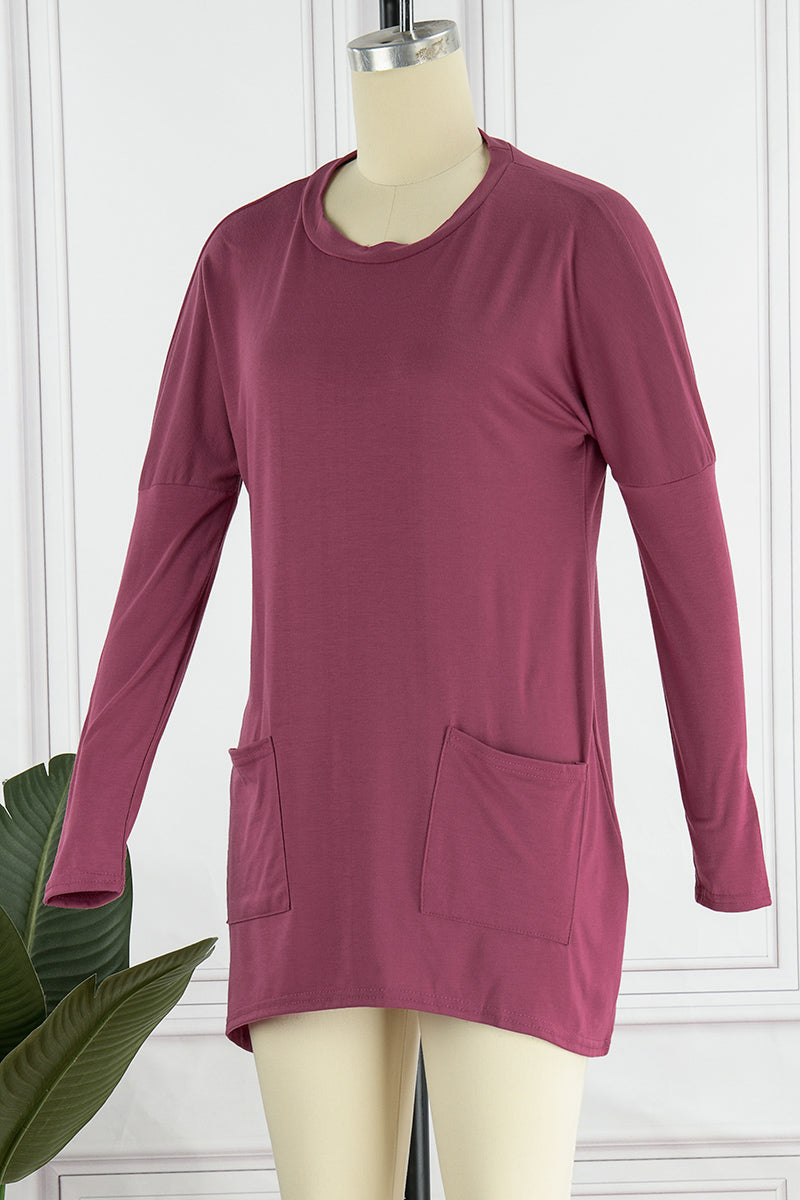 Casual Solid Patchwork Pocket O Neck Tops(13 Colors) - Fashionpara