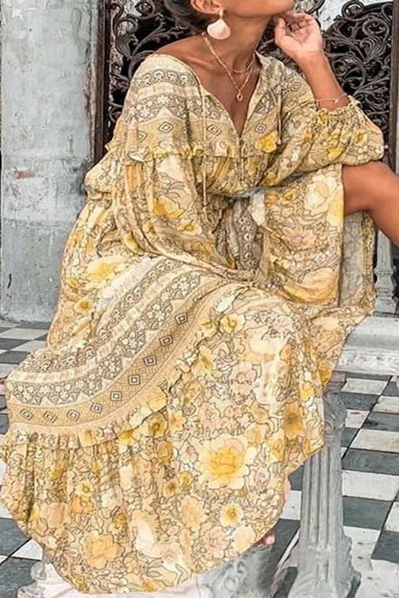 Sweet Elegant Print Printing V Neck Printed Dress Dresses(5 Colors) - Fashionpara