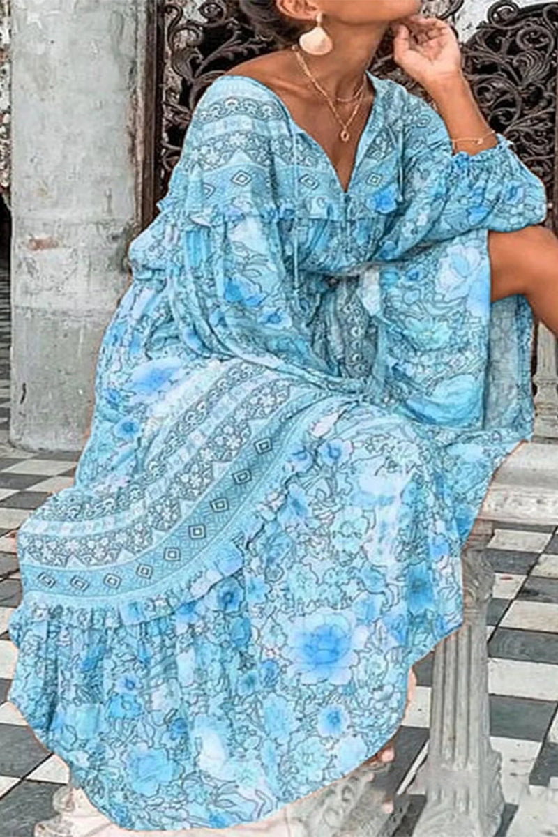 Sweet Elegant Print Printing V Neck Printed Dress Dresses(5 Colors) - Fashionpara