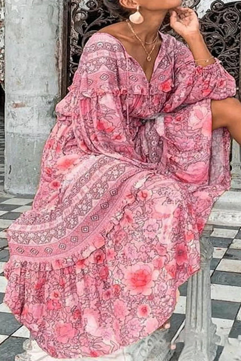 Sweet Elegant Print Printing V Neck Printed Dress Dresses(5 Colors) - Fashionpara