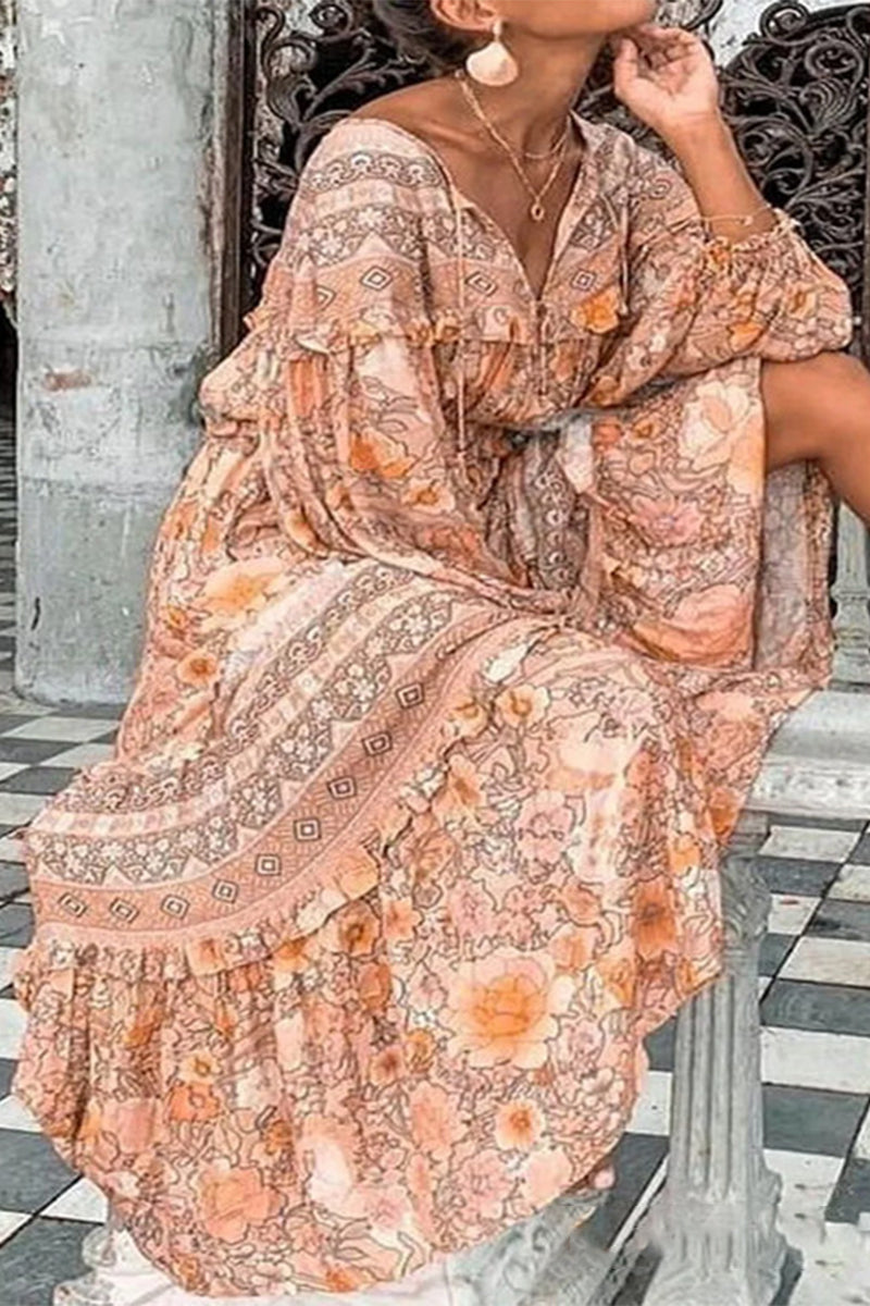 Sweet Elegant Print Printing V Neck Printed Dress Dresses(5 Colors) - Fashionpara