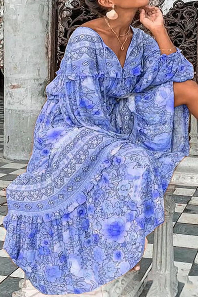 Sweet Elegant Print Printing V Neck Printed Dress Dresses(5 Colors) - Fashionpara