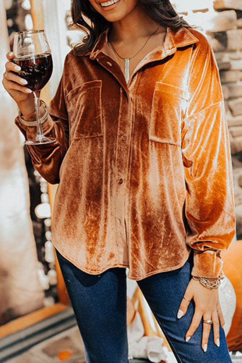 Street Pocket Solid Color Turndown Collar Tops(3 Colors) - Fashionpara