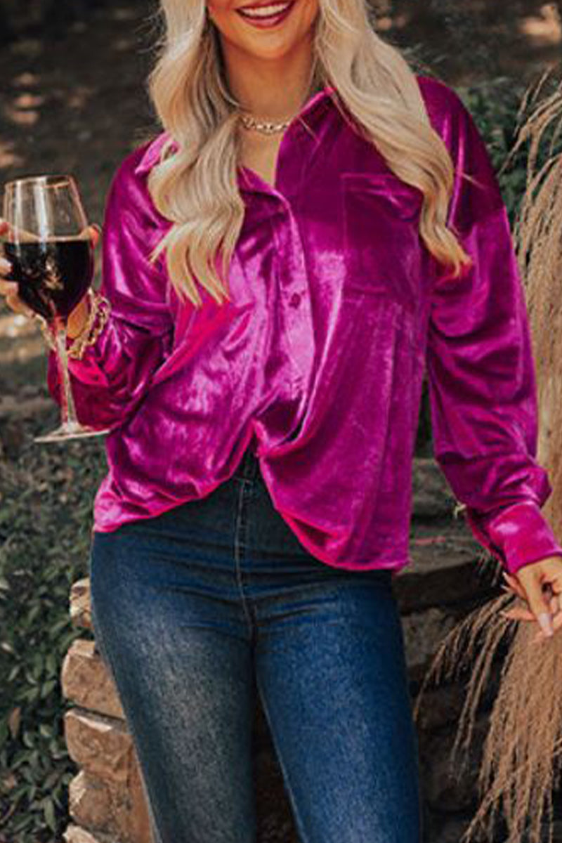 Street Pocket Solid Color Turndown Collar Tops(3 Colors) - Fashionpara