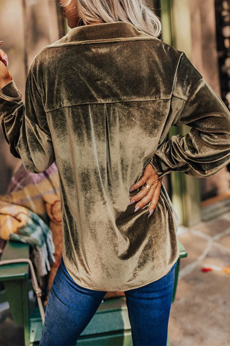 Street Pocket Solid Color Turndown Collar Tops(3 Colors) - Fashionpara