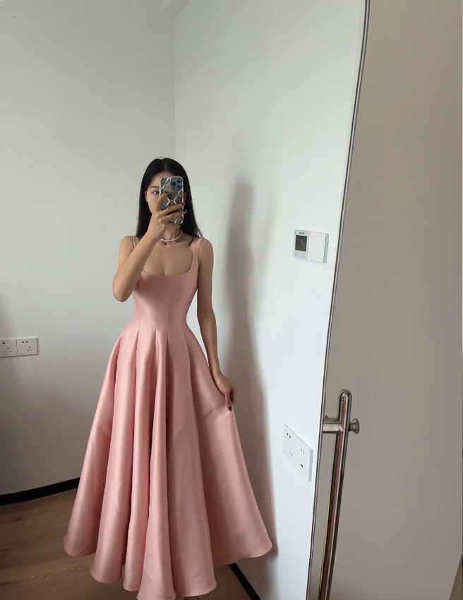 Simple And Elegant Pink A-line Square Neck Halter Satin Prom Dress Evening Dress P4167