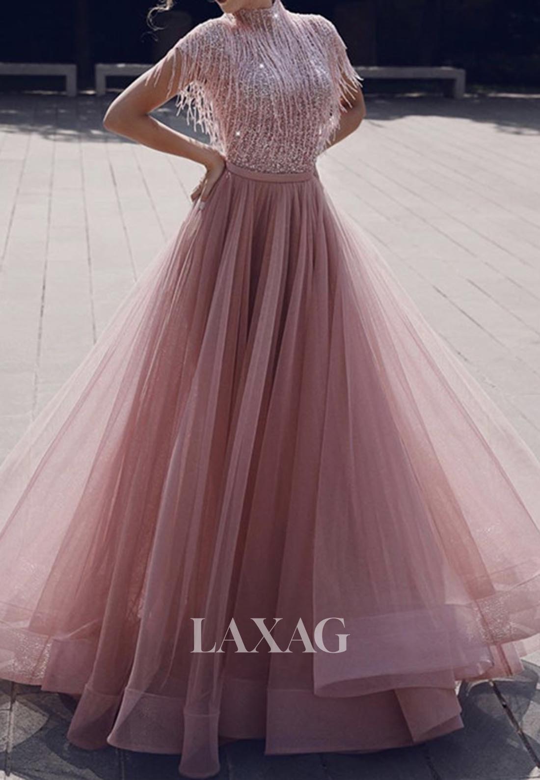 Unique High-Neck Cap-Sleeves Sequins Beaded Pleated Tulle A-Line Formal Evening Dress - Fashionpara