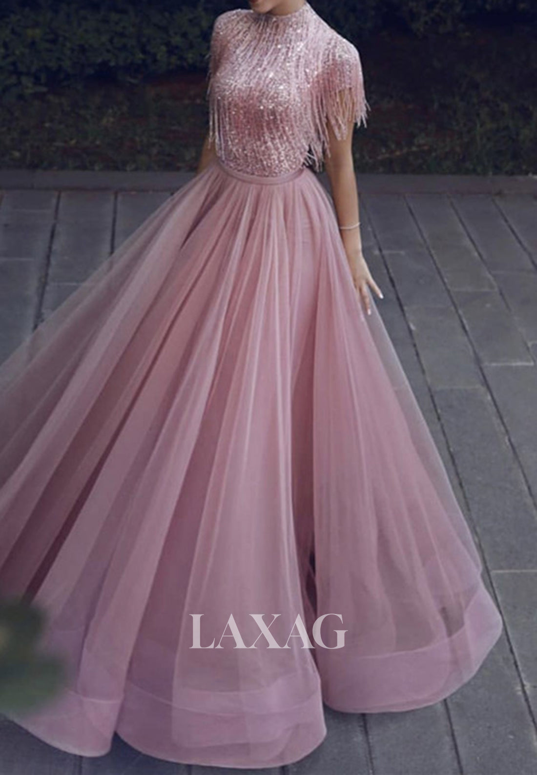 Unique High-Neck Cap-Sleeves Sequins Beaded Pleated Tulle A-Line Formal Evening Dress - Fashionpara