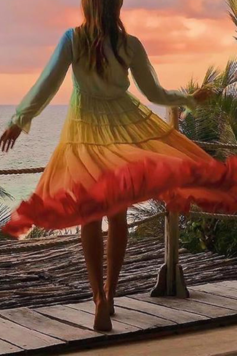 Elegant Gradual Change Patchwork Frenulum V Neck Printed Dress Dresses Fashionpara