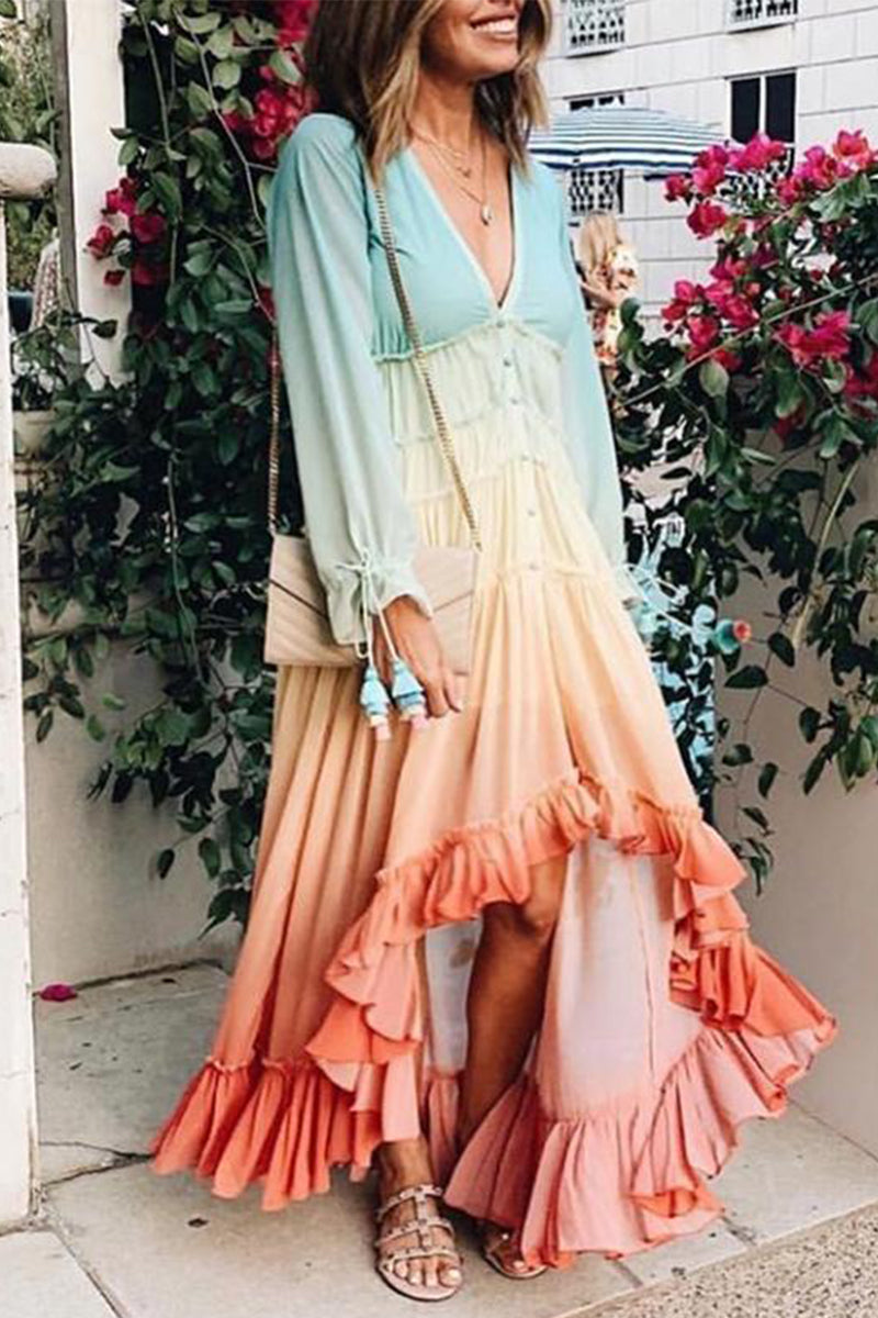 Elegant Gradual Change Patchwork Frenulum V Neck Printed Dress Dresses Fashionpara