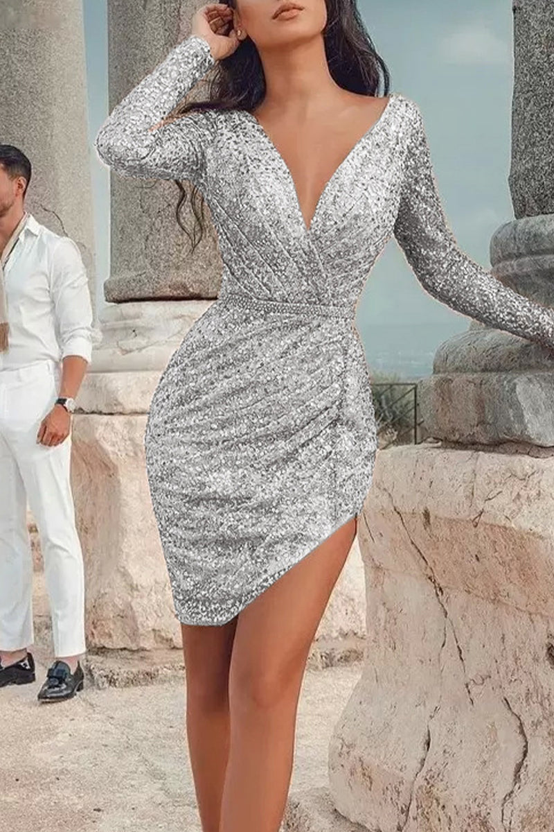 Sexy Solid Patchwork Asymmetrical Solid Color V Neck Pencil Skirt Dresses(3 Colors) - Fashionpara