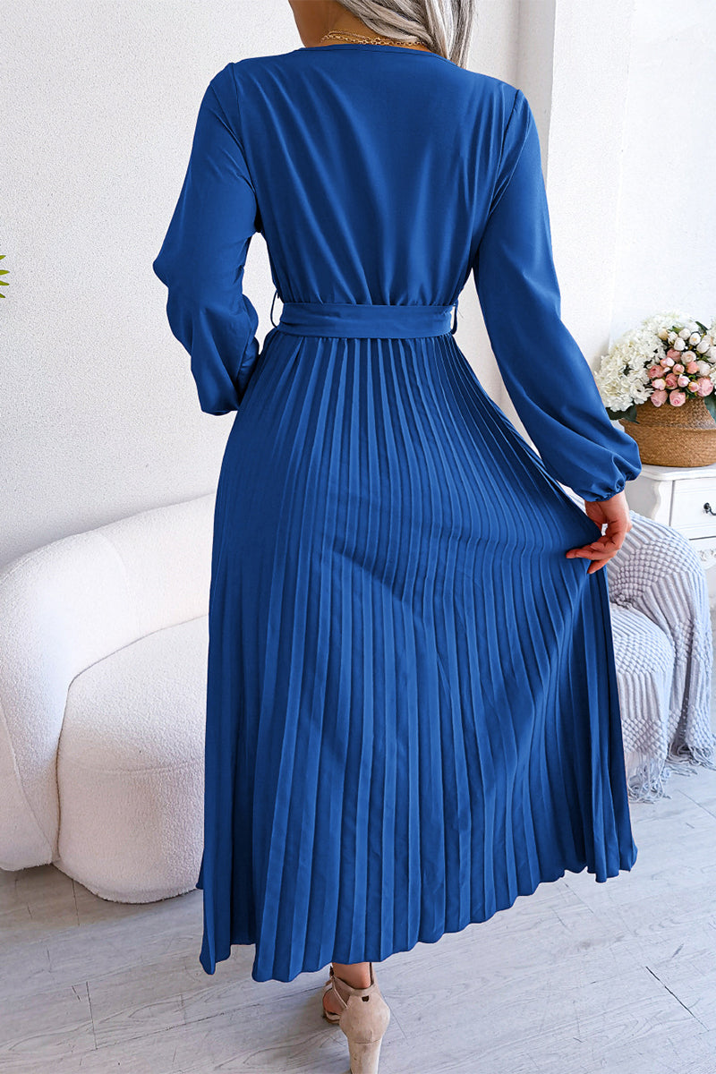 Elegant Solid Frenulum Fold V Neck Pleated Dresses(5 Colors) - Fashionpara