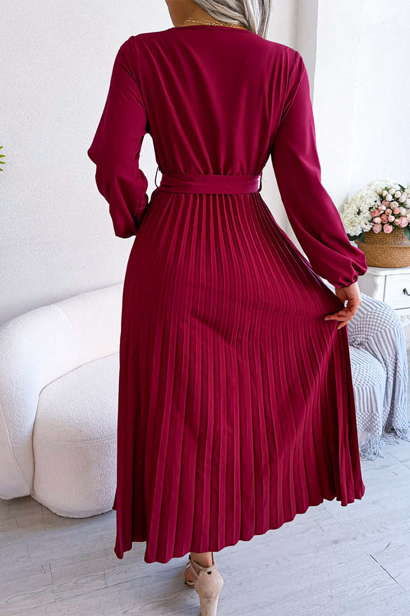 Elegant Solid Frenulum Fold V Neck Pleated Dresses(5 Colors) - Fashionpara