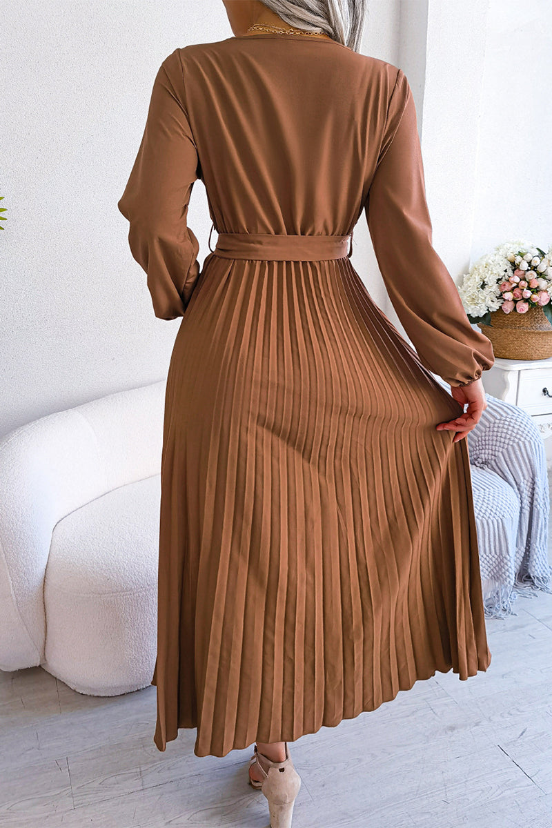 Elegant Solid Frenulum Fold V Neck Pleated Dresses(5 Colors) - Fashionpara