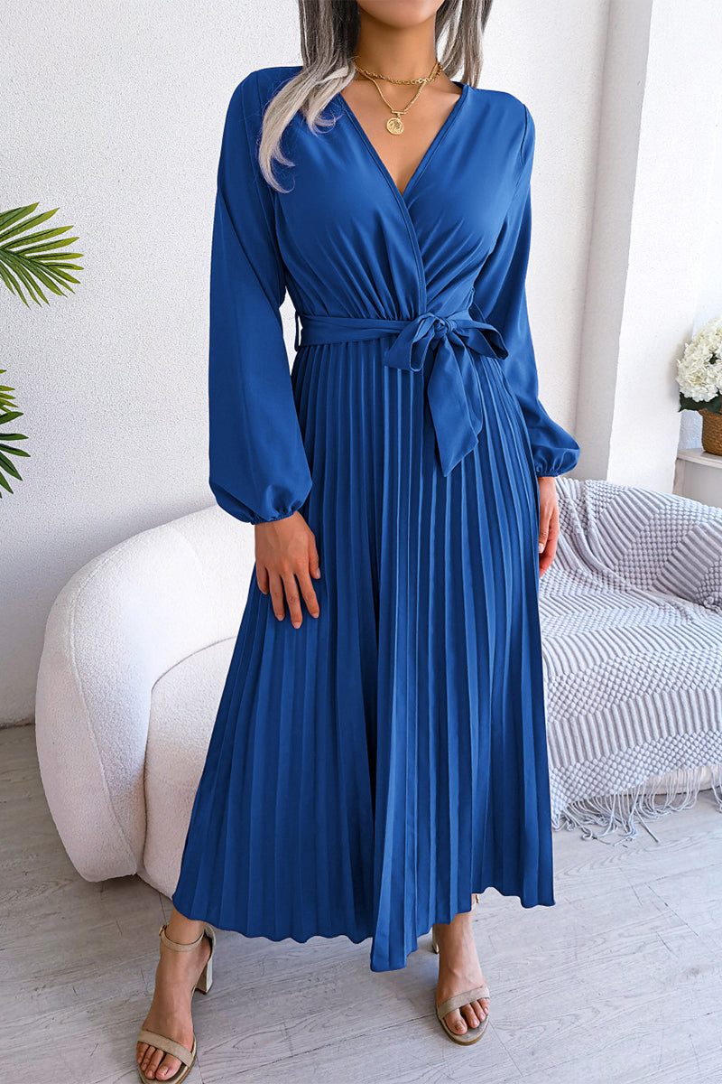 Elegant Solid Frenulum Fold V Neck Pleated Dresses(5 Colors) - Fashionpara