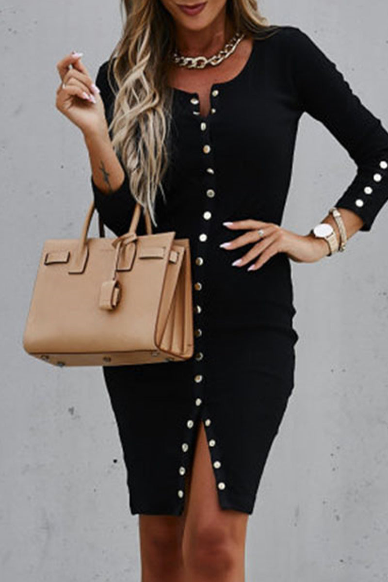 Elegant Solid Buckle V Neck Pencil Skirt Dresses - Fashionpara