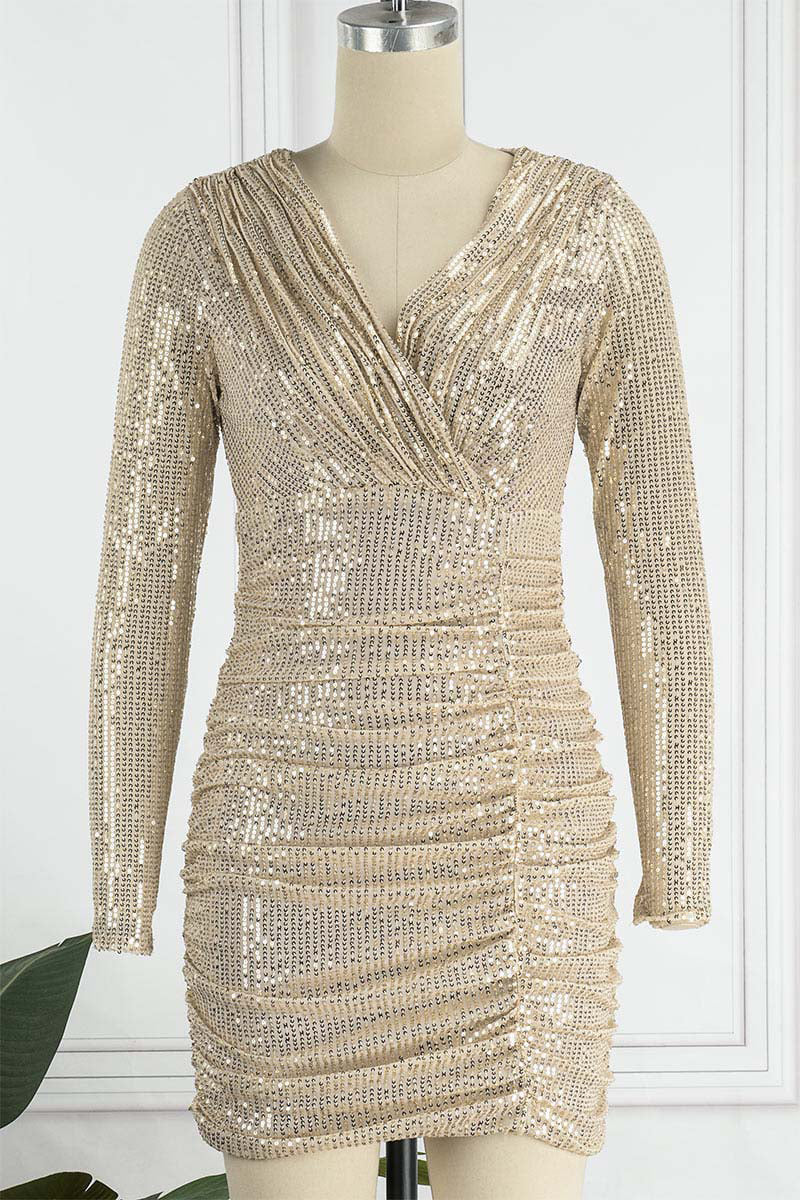 Sexy Solid Sequins Fold V Neck One Step Skirt Dresses(4 Colors) - Fashionpara