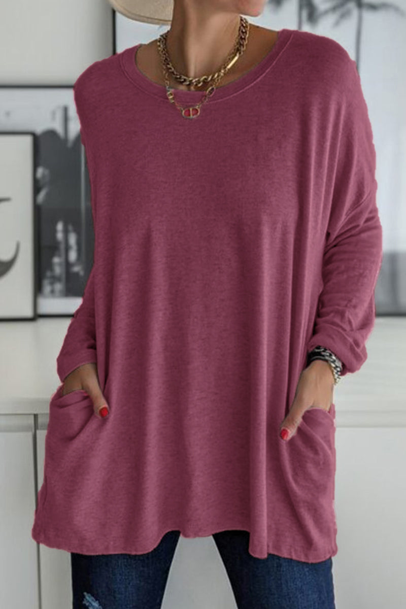 Casual Solid Patchwork Pocket O Neck Tops(13 Colors) - Fashionpara