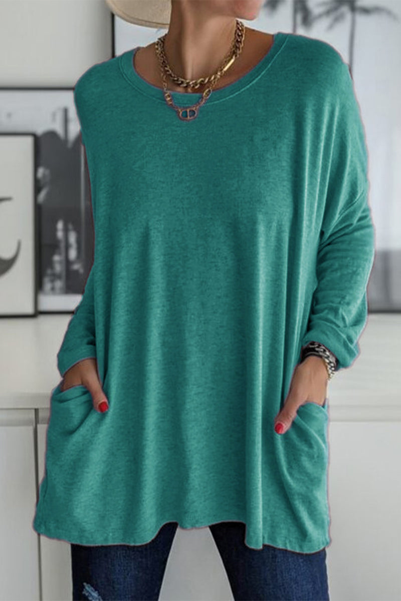 Casual Solid Patchwork Pocket O Neck Tops(13 Colors) - Fashionpara