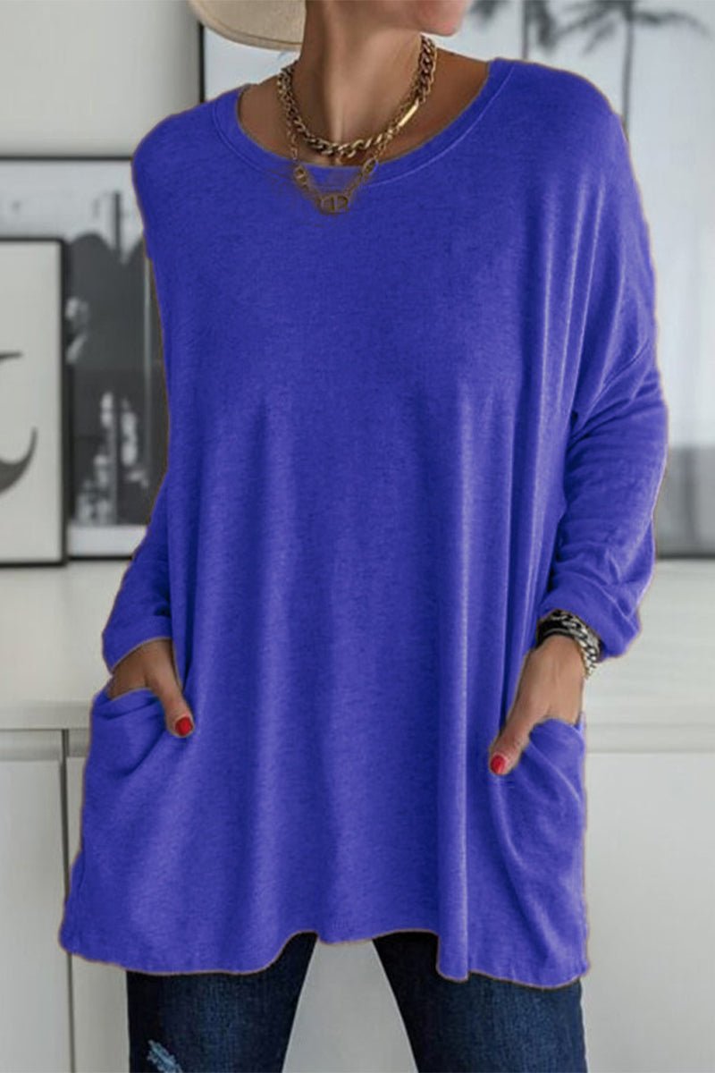 Casual Solid Patchwork Pocket O Neck Tops(13 Colors) - Fashionpara