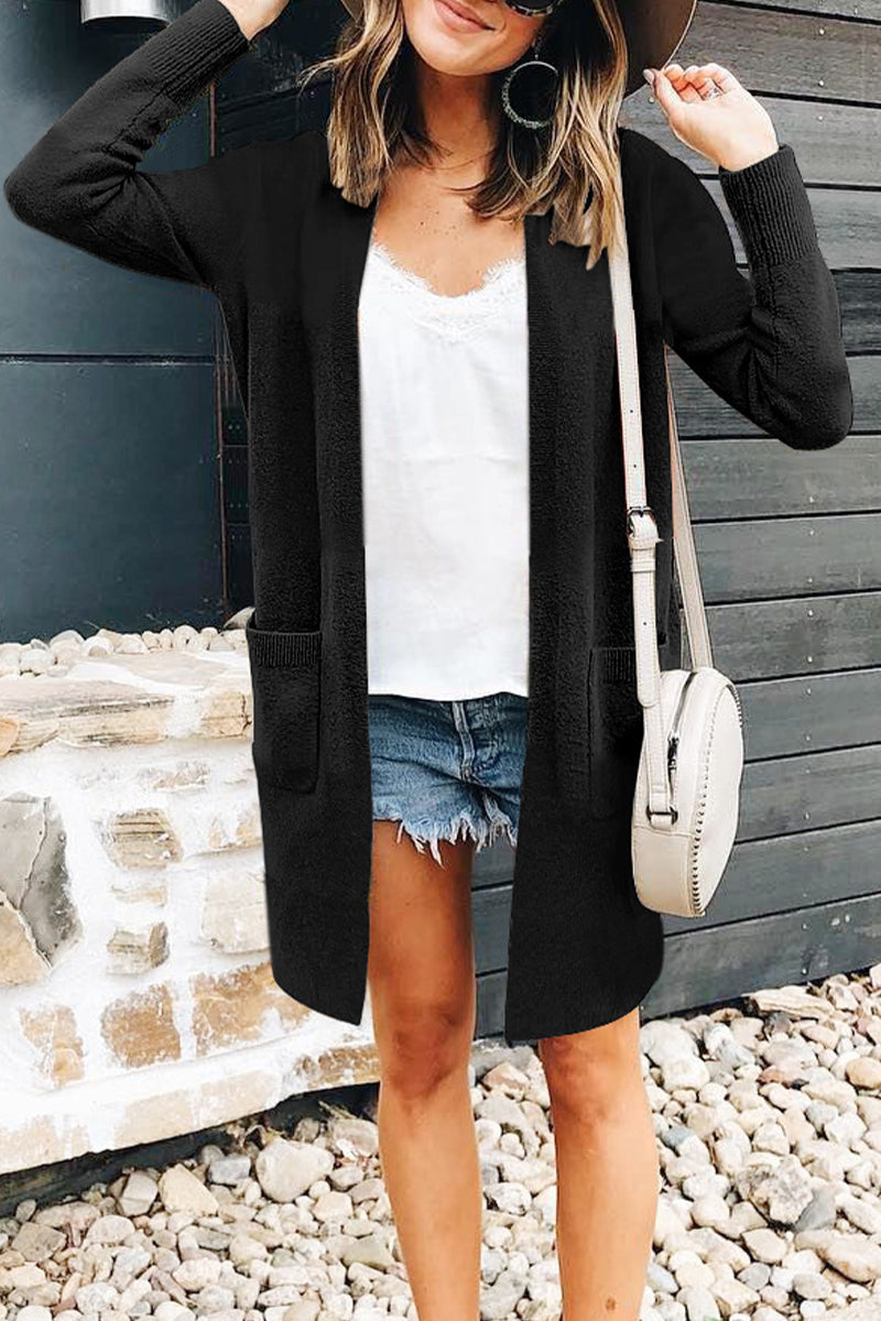 Florcoo British Style Solid Color Cardigan with Pockets