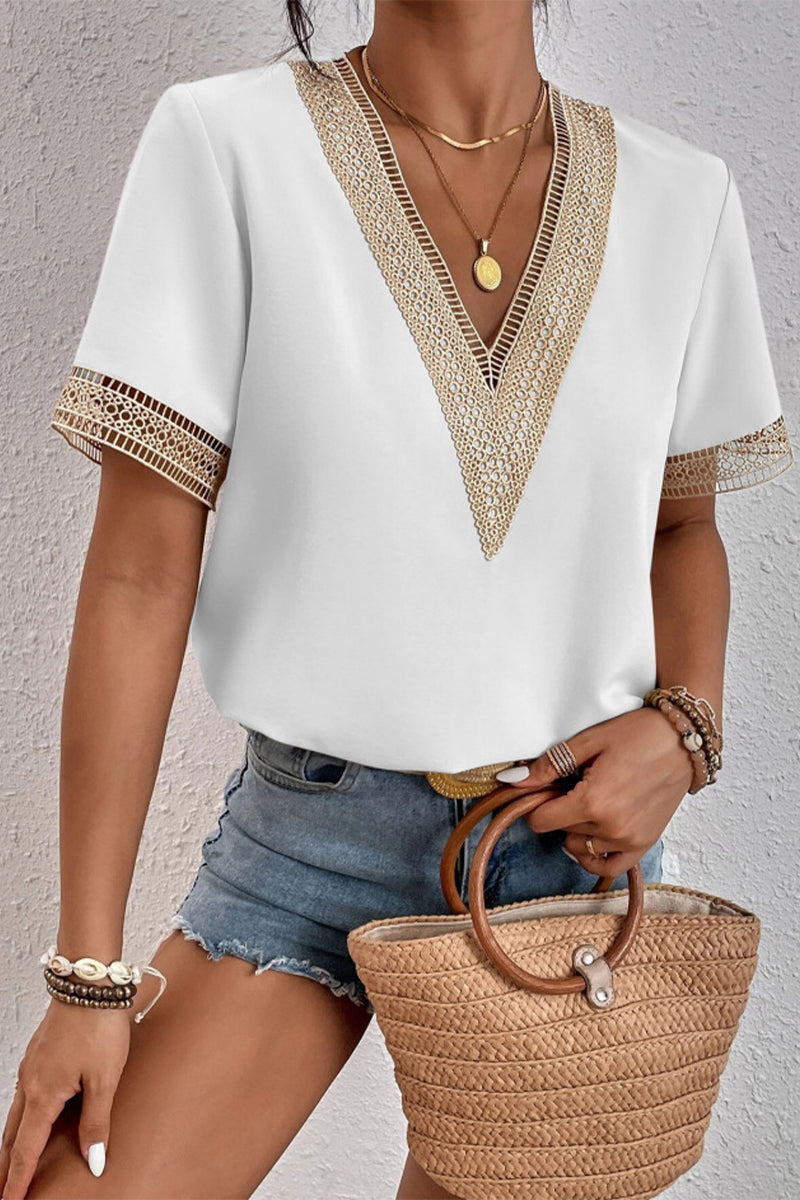 Casual Simplicity Solid Patchwork V Neck Tops(8 Colors) - Fashionpara