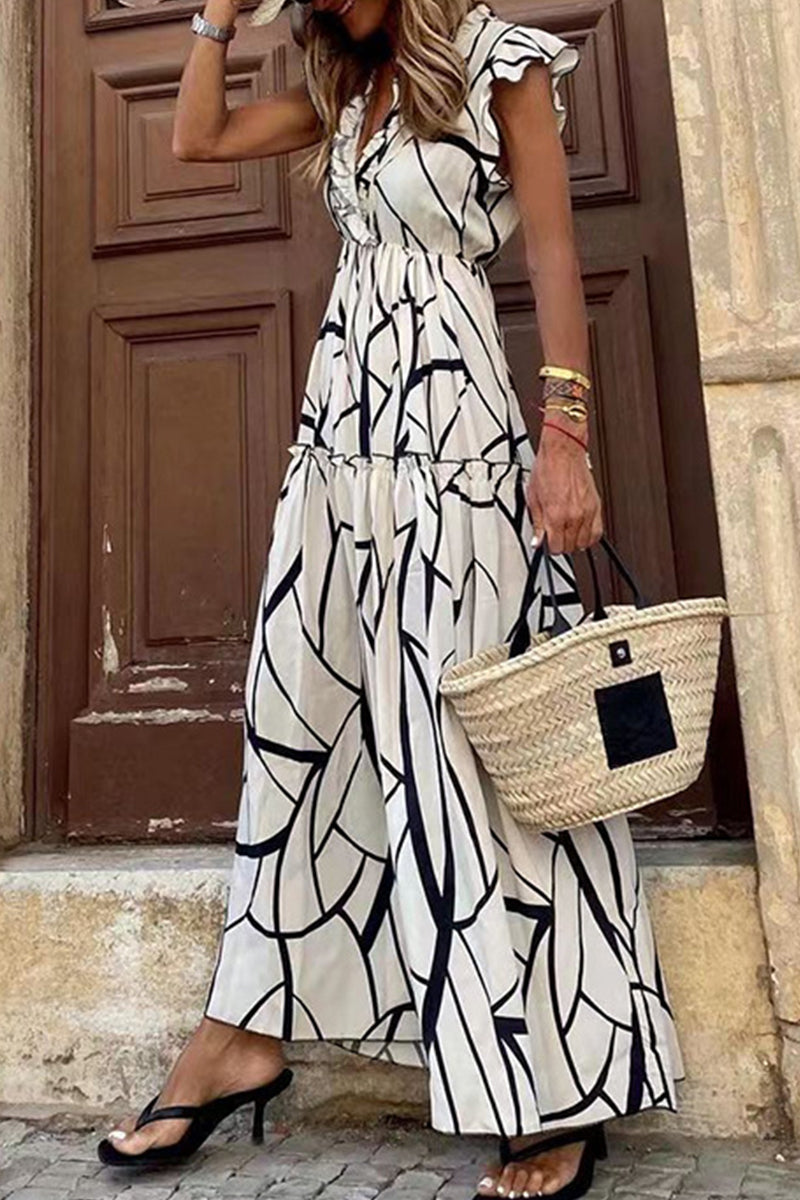 Street Geometric Printing Stringy Selvedge V Neck Irregular Dress Dresses - Fashionpara