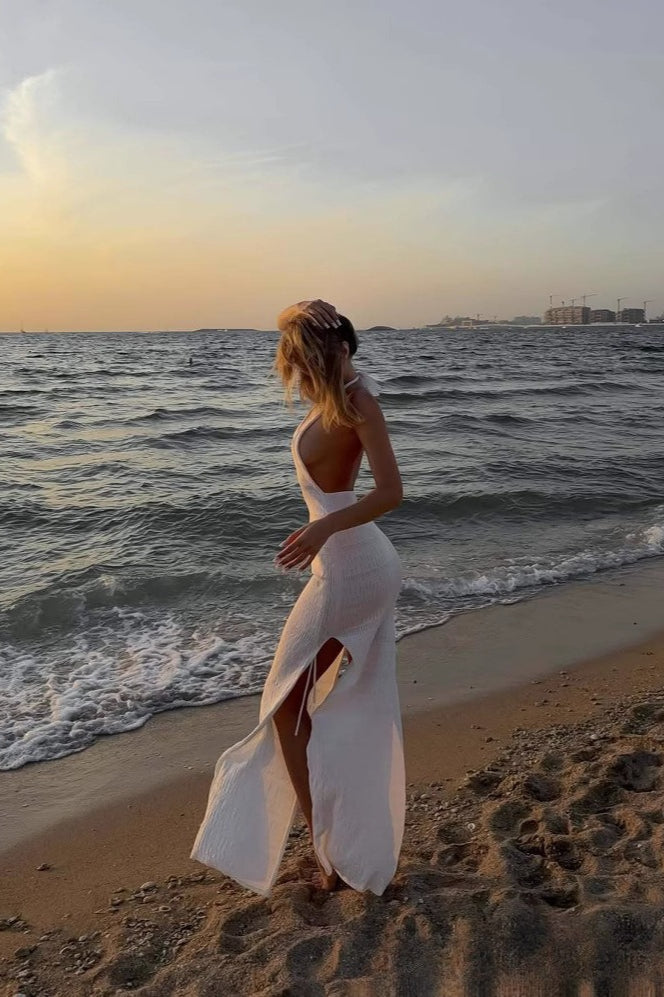 Pointelle Knit Halter Neck Bodycon Maxi Dress