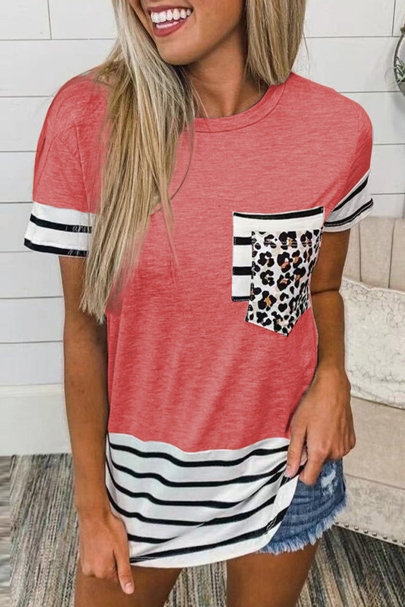 Casual Striped Leopard Patchwork Pocket T-Shirts(10 Colors) - Fashionpara