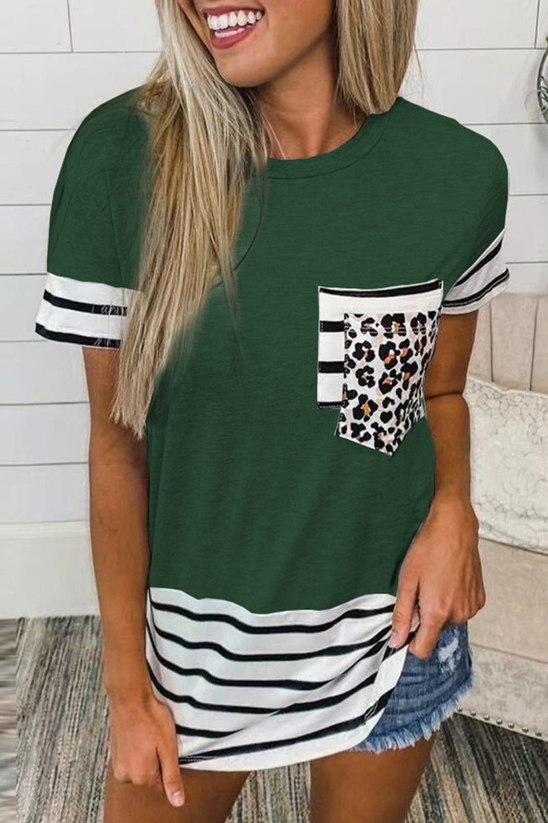 Casual Striped Leopard Patchwork Pocket T-Shirts(10 Colors) - Fashionpara