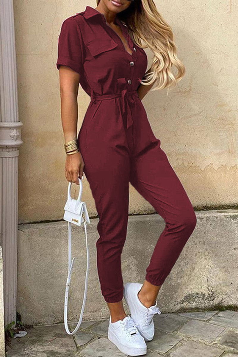 Casual Daily Solid Frenulum With Belt Turndown Collar Regular Jumpsuits(10 Colors) - Fashionpara